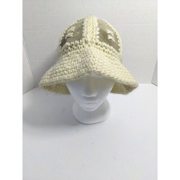 Vintage Fersten Bucket Hat Paneled Leather Acrylic Knit Taupe Cream OS Rare - Picture 2 of 6